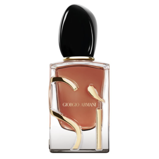 Perfume bottle with black cap and gold accents on a white background